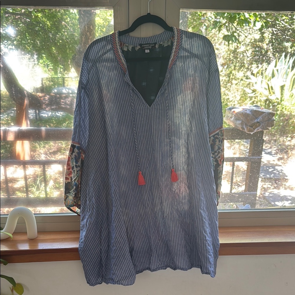 Johnny Was Blue and White Striped Tunic with Floral Contrast Sleeves